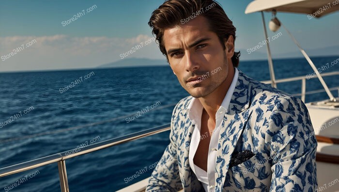 Elegant Man in White and Blue Floral Blazer at Sea