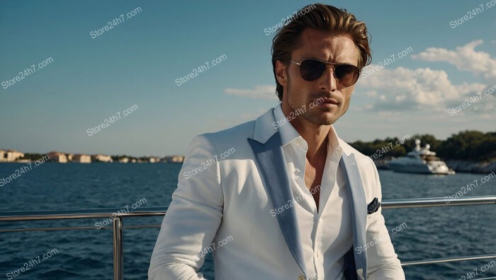 Elegant Man in White and Blue Suit on Yacht