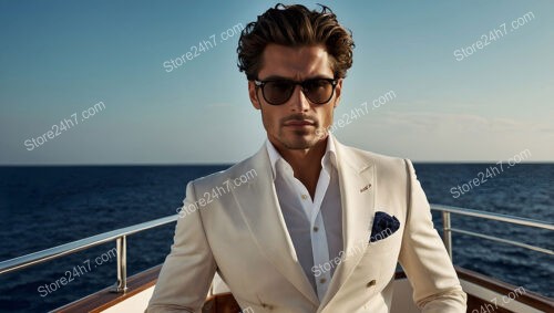 Elegant Man in White Suit on a Luxury Yacht