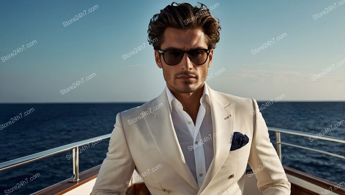 Elegant Man in White Suit on a Luxury Yacht