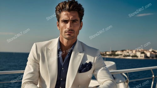 Elegant Man in White Suit on Luxurious Yacht Deck