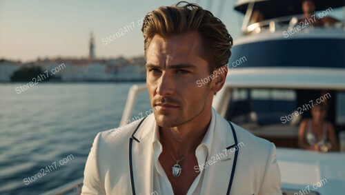 Elegant Man in White Suit on Yacht with Coastal Town