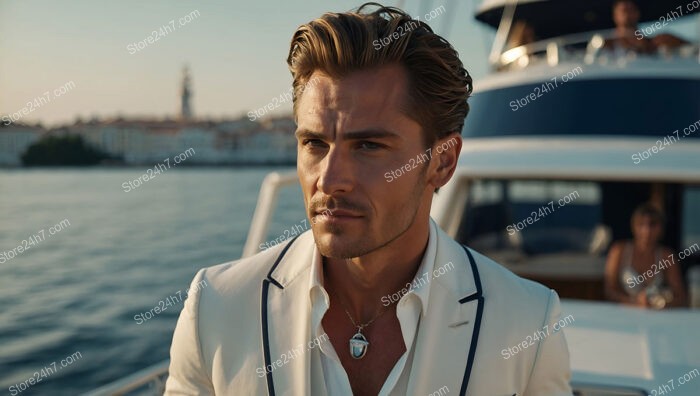 Elegant Man in White Suit on Yacht with Coastal Town