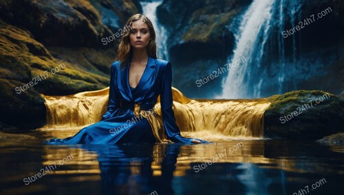 Elegant Model in Blue and Gold by Waterfall