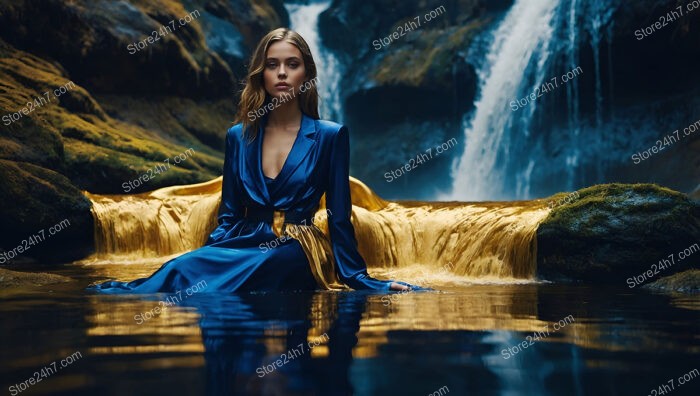 Elegant Model in Blue and Gold by Waterfall