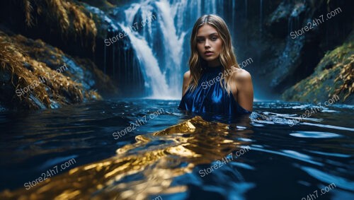 Elegant Model in Blue Dress by Waterfall