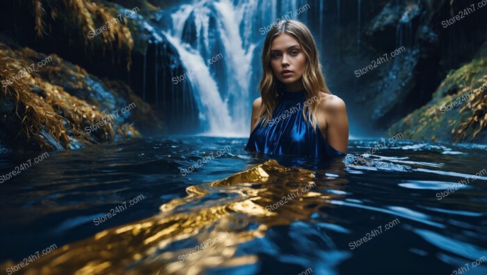 Elegant Model in Blue Dress by Waterfall