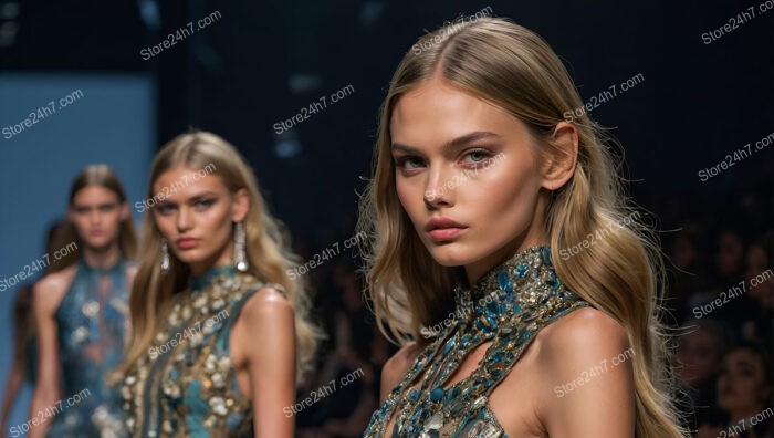 Elegant model in captivating moment on high-fashion runway