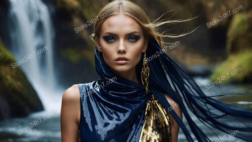 Elegant Model in Flowing Blue and Gold Dress