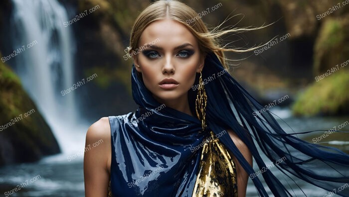 Elegant Model in Flowing Blue and Gold Dress