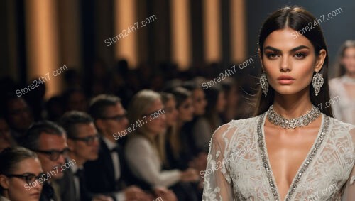 Elegant Model in Intricate Lace Dress on Fashion Runway