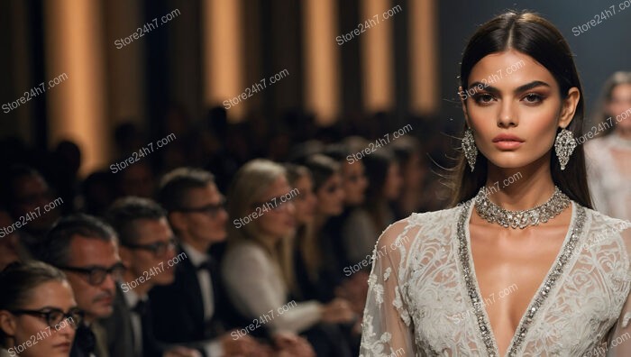 Elegant Model in Intricate Lace Dress on Fashion Runway