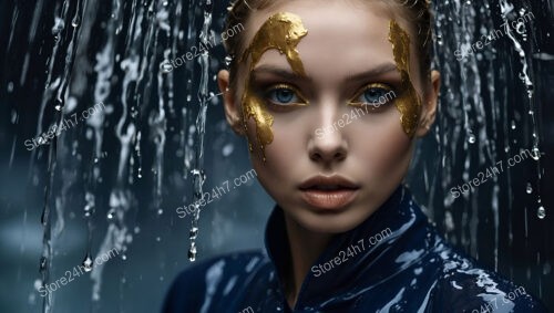 Elegant Model with Gold Leaf Makeup in Water