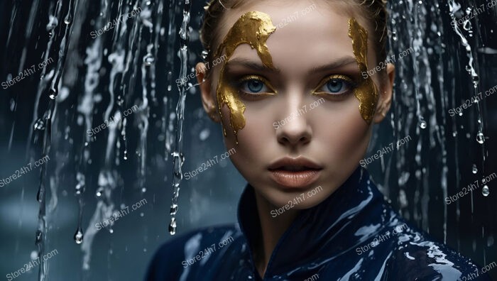 Elegant Model with Gold Leaf Makeup in Water