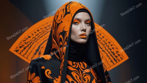 Elegant Orange and Black Floral Hooded Fashion