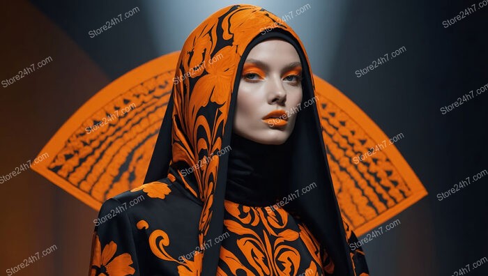 Elegant Orange and Black Floral Hooded Fashion