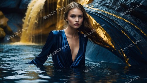 Elegant Woman in Deep Blue Dress by Waterfall