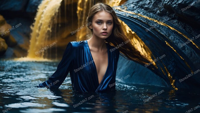 Elegant Woman in Deep Blue Dress by Waterfall