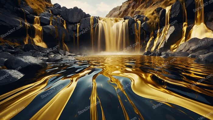 Enchanted Golden Waterfall Flowing Into a Mystical Lake