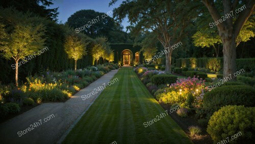 Enchanting Garden Pathway Illuminated by Soft Evening Lights