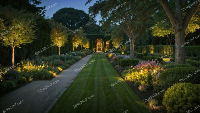 Enchanting Garden Pathway Illuminated by Soft Evening Lights