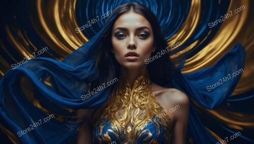 Ethereal Beauty in Flowing Blue and Gold Dress