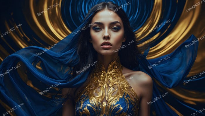 Ethereal Beauty in Flowing Blue and Gold Dress