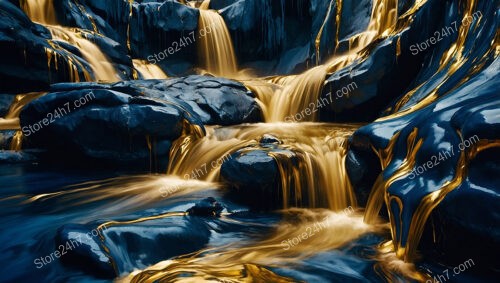 Ethereal Golden Falls Amidst Blue Shadowed Rocks