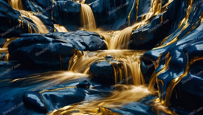 Ethereal Golden Falls Amidst Blue Shadowed Rocks