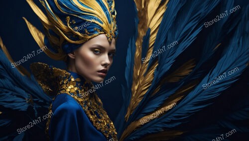 Fashion Fantasy: Majestic Blue and Gold Feathered Attire