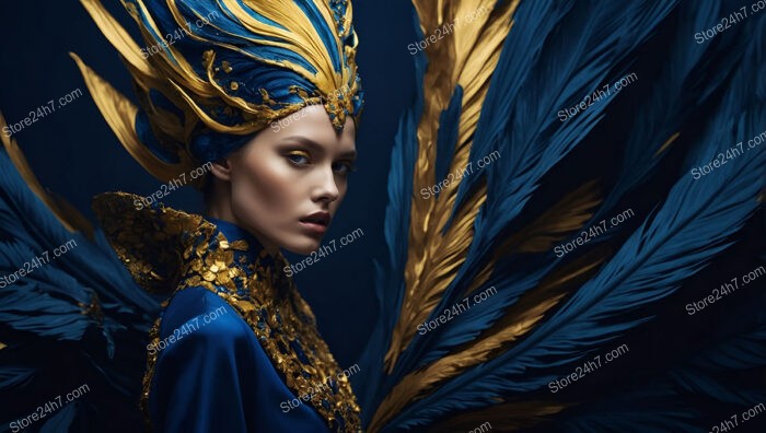 Fashion Fantasy: Majestic Blue and Gold Feathered Attire