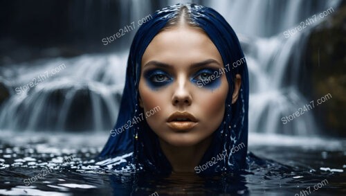 Fashion Model in Blue and Gold by Waterfall Backdrop