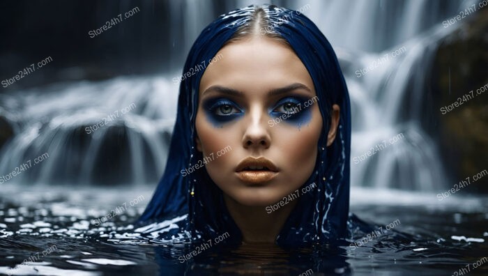 Fashion Model in Blue and Gold by Waterfall Backdrop