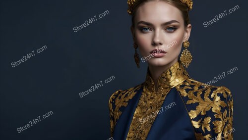 Fashion Model in Blue and Gold Regal Attire