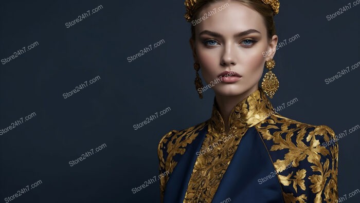 Fashion Model in Blue and Gold Regal Attire