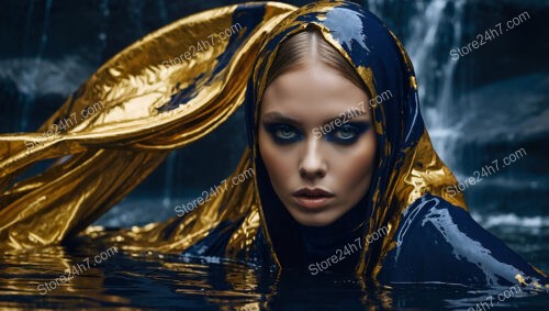 Fashion Model in Golden and Blue Drapes by Waterfall