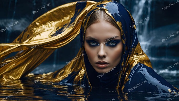 Fashion Model in Golden and Blue Drapes by Waterfall