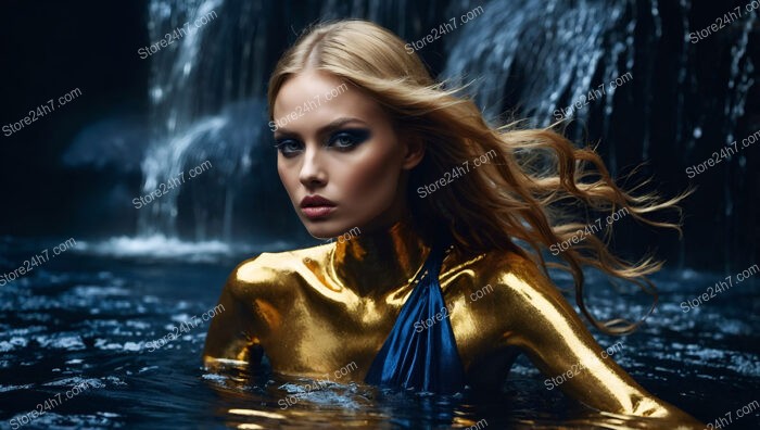 Fashion Model in Golden Bodysuit by Waterfall