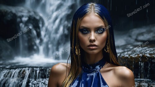 Fashion Model with Golden Makeup and Blue Outfit