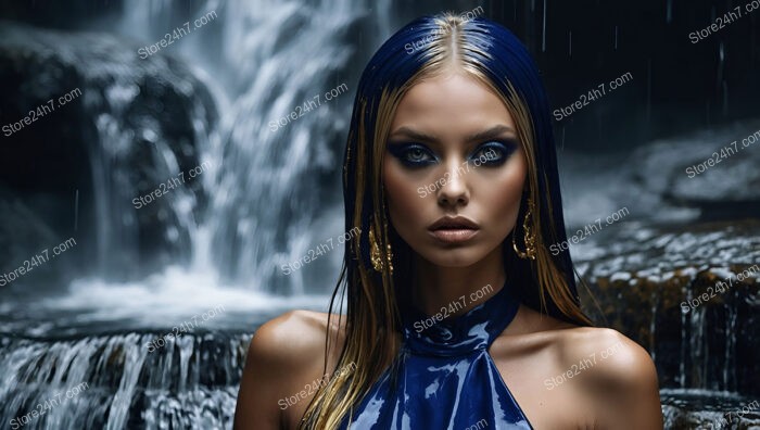 Fashion Model with Golden Makeup and Blue Outfit