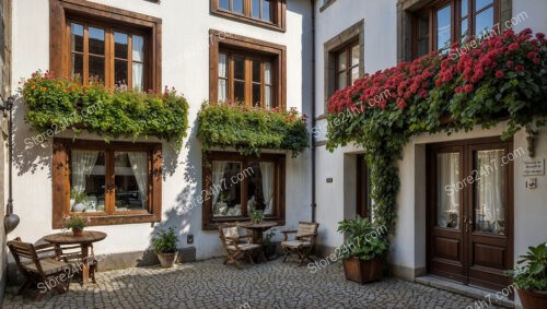 Flower-Adorned Bavarian House with Wooden Shutters and Doors