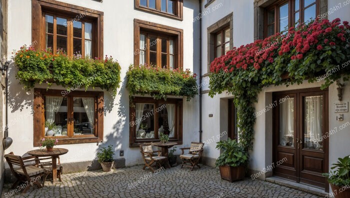 Flower-Adorned Bavarian House with Wooden Shutters and Doors