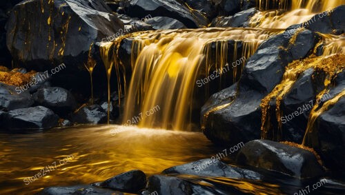 Flowing Gold Cascades Over Midnight Black Rocks Landscape