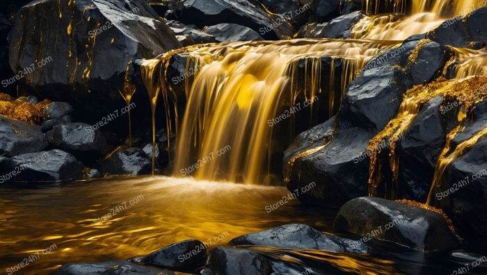 Flowing Gold Cascades Over Midnight Black Rocks Landscape