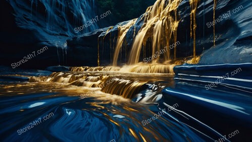 Flowing Golden Waterfalls on Rich Blue Rock Landscape