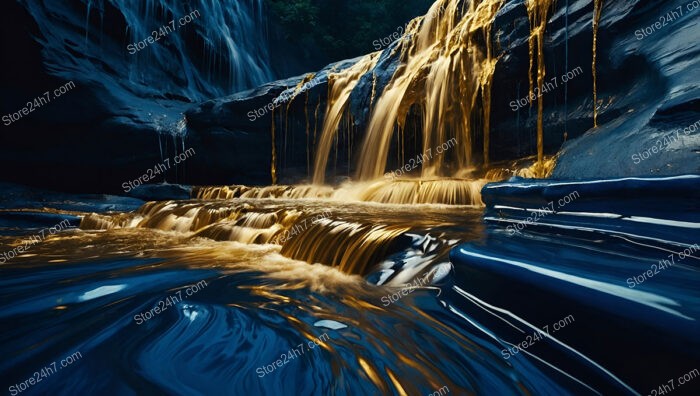 Flowing Golden Waterfalls on Rich Blue Rock Landscape