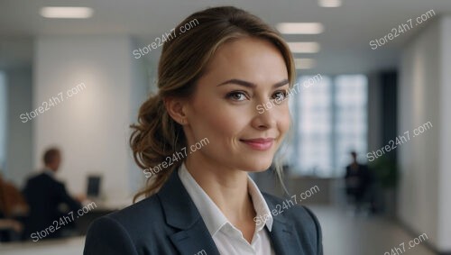 Friendly secretary in a modern corporate office setting