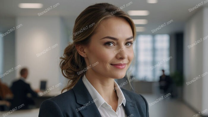 Friendly secretary in a modern corporate office setting