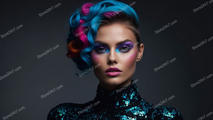 Futuristic Blend of Neon Blue and Pink Hair