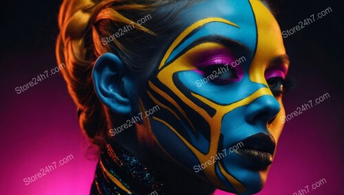 Futuristic Blue and Yellow Face Art with Neon Accents